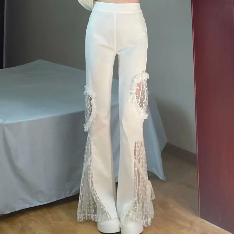 High Waist Flare Pants Women Fairycore Lace Sexy Cut Out Graphic Sense Spliced Pocket Lacework Elastic Waists Wide Leg Pant