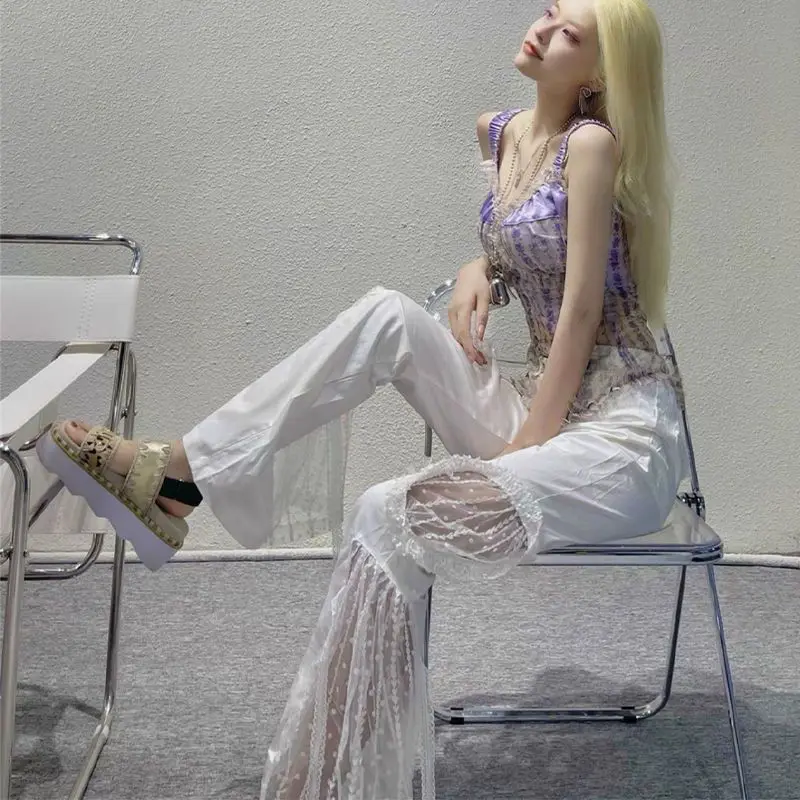 High Waist Flare Pants Women Fairycore Lace Sexy Cut Out Graphic Sense Spliced Pocket Lacework Elastic Waists Wide Leg Pant