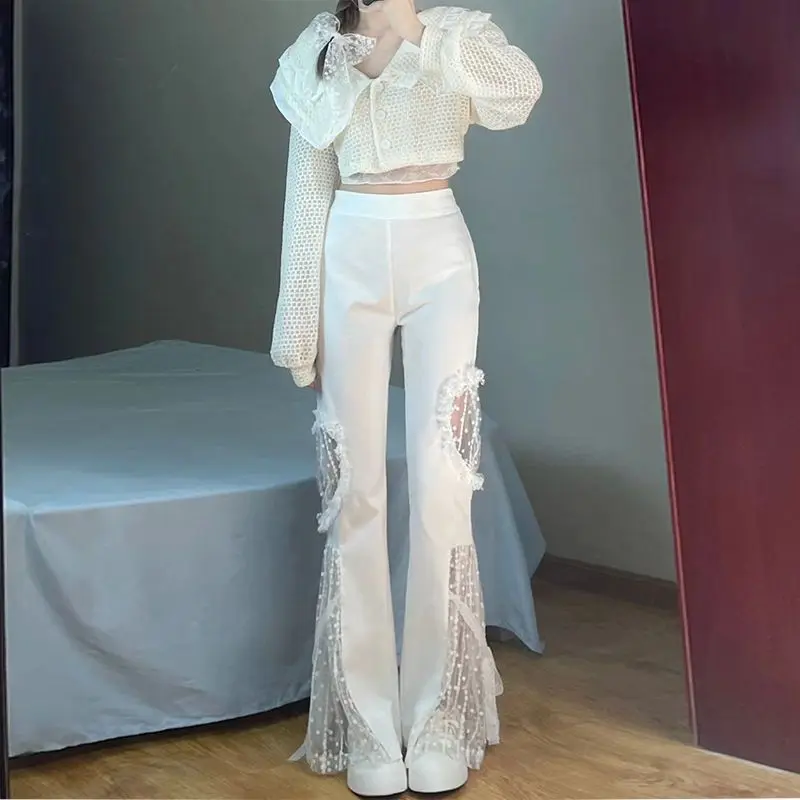 High Waist Flare Pants Women Fairycore Lace Sexy Cut Out Graphic Sense Spliced Pocket Lacework Elastic Waists Wide Leg Pant