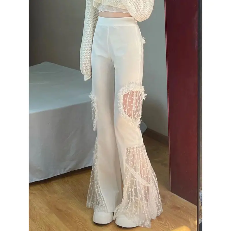 High Waist Flare Pants Women Fairycore Lace Sexy Cut Out Graphic Sense Spliced Pocket Lacework Elastic Waists Wide Leg Pant