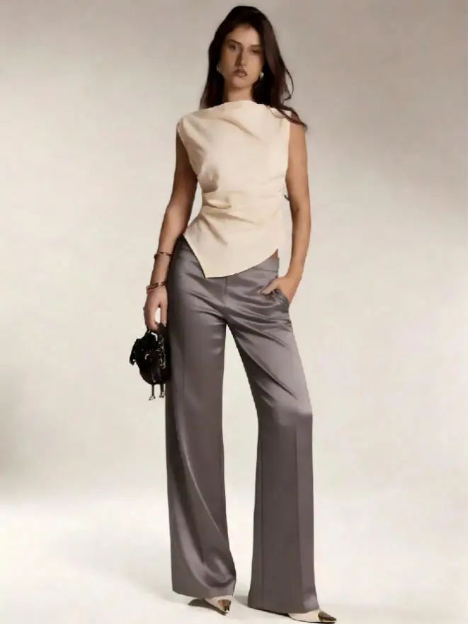 2026 Summer New Women Satin Wide Leg Pants Europe America Fashion High Waist Elegant Office Casual Trousers Y2k Streetwear Women