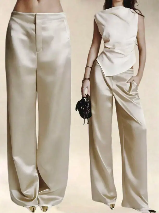2026 Summer New Women Satin Wide Leg Pants Europe America Fashion High Waist Elegant Office Casual Trousers Y2k Streetwear Women