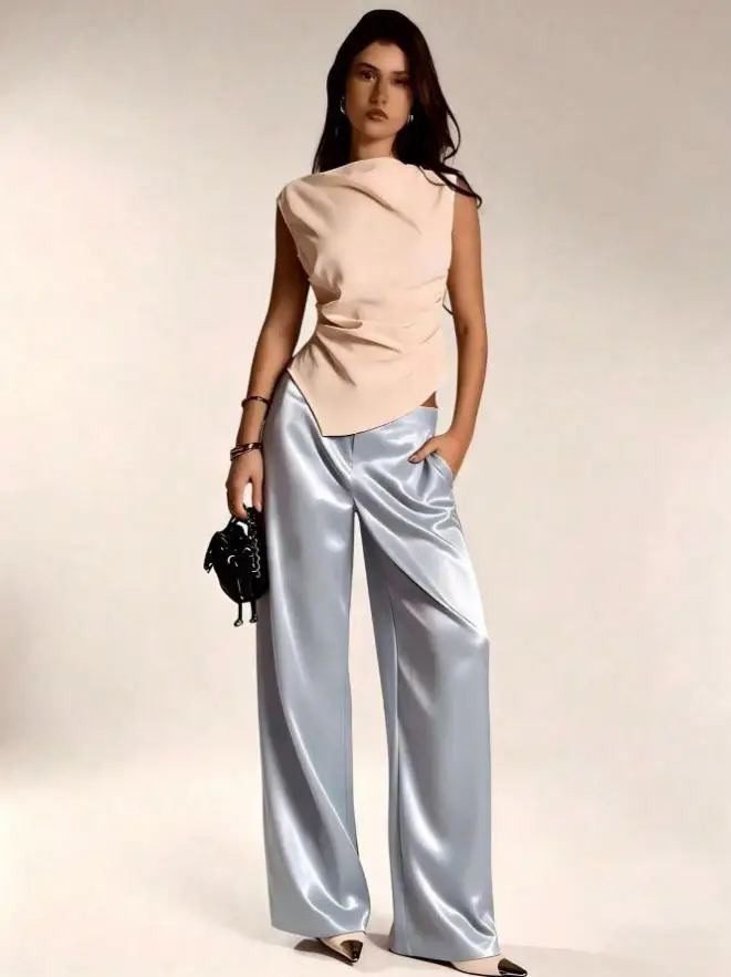 2026 Summer New Women Satin Wide Leg Pants Europe America Fashion High Waist Elegant Office Casual Trousers Y2k Streetwear Women