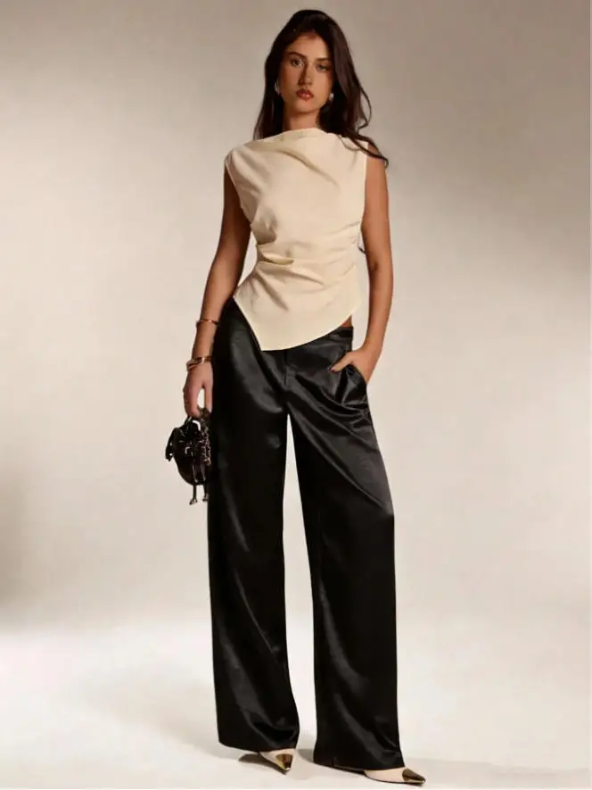 2026 Summer New Women Satin Wide Leg Pants Europe America Fashion High Waist Elegant Office Casual Trousers Y2k Streetwear Women