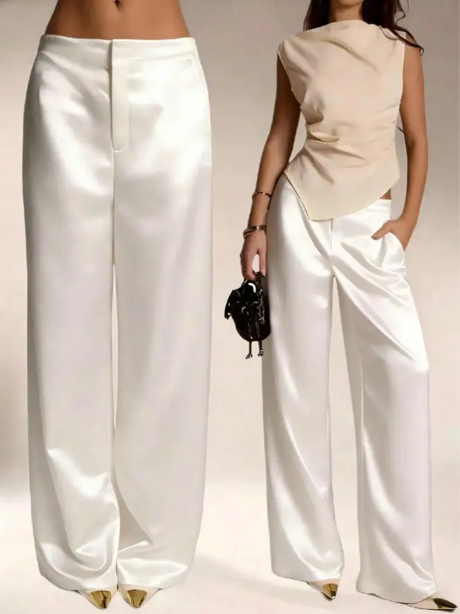 2026 Summer New Women Satin Wide Leg Pants Europe America Fashion High Waist Elegant Office Casual Trousers Y2k Streetwear Women