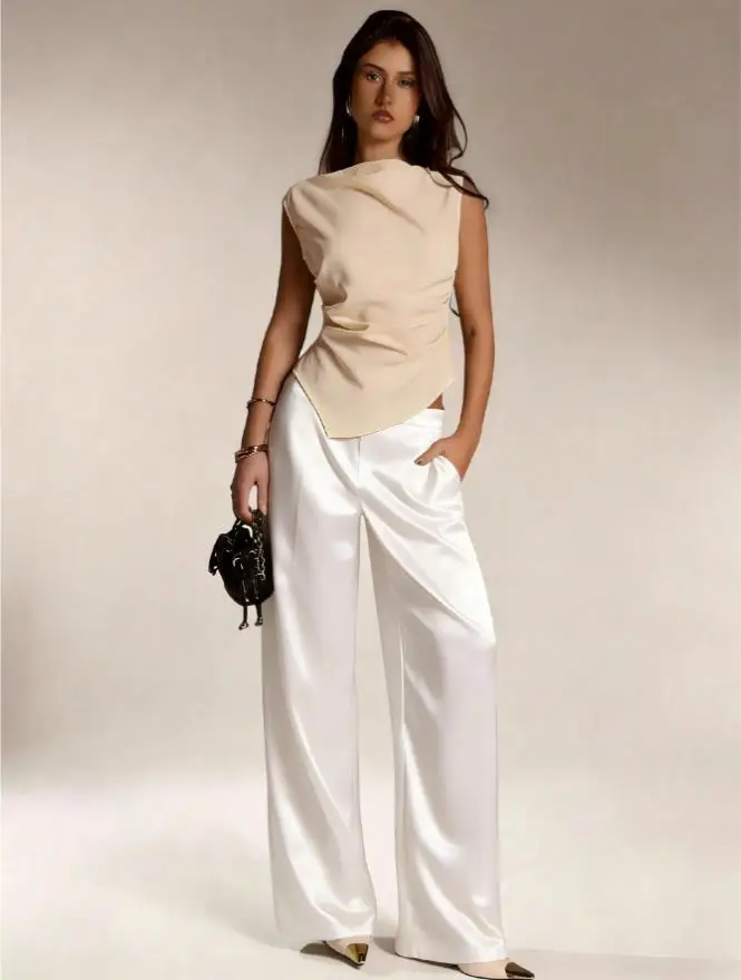 2026 Summer New Women Satin Wide Leg Pants Europe America Fashion High Waist Elegant Office Casual Trousers Y2k Streetwear Women