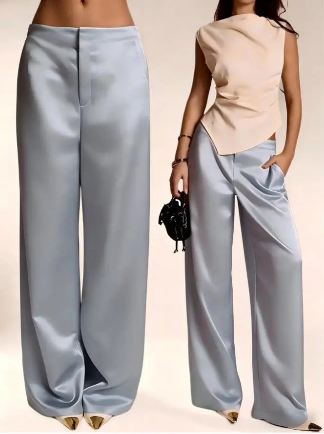 2026 Summer New Women Satin Wide Leg Pants Europe America Fashion High Waist Elegant Office Casual Trousers Y2k Streetwear Women