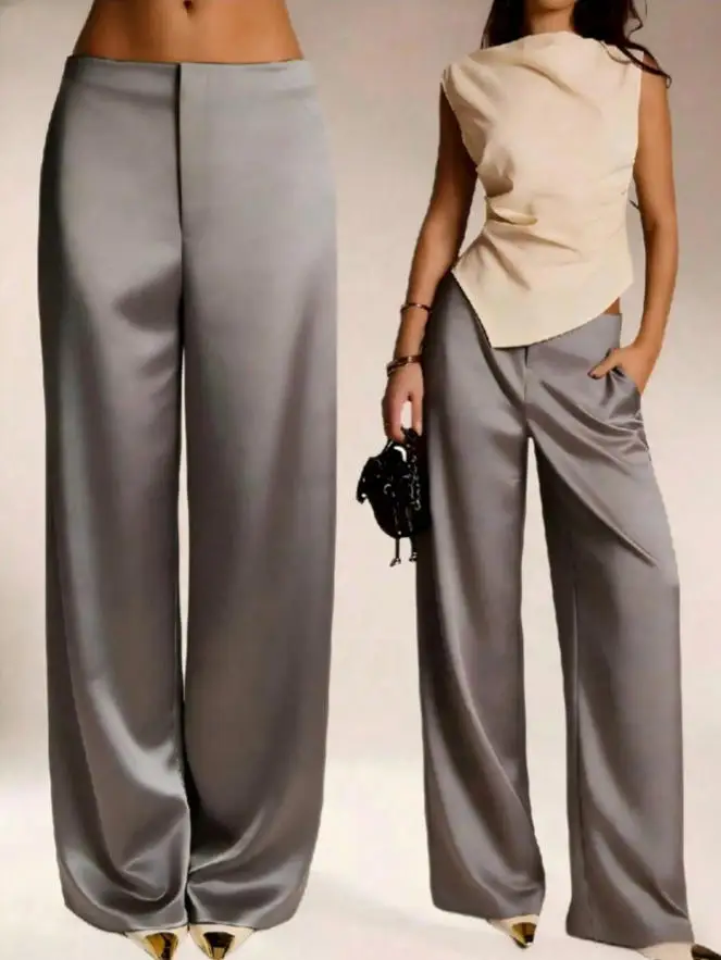 2026 Summer New Women Satin Wide Leg Pants Europe America Fashion High Waist Elegant Office Casual Trousers Y2k Streetwear Women