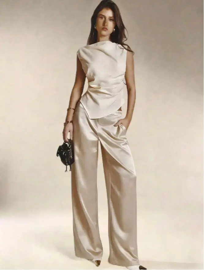 2026 Summer New Women Satin Wide Leg Pants Europe America Fashion High Waist Elegant Office Casual Trousers Y2k Streetwear Women