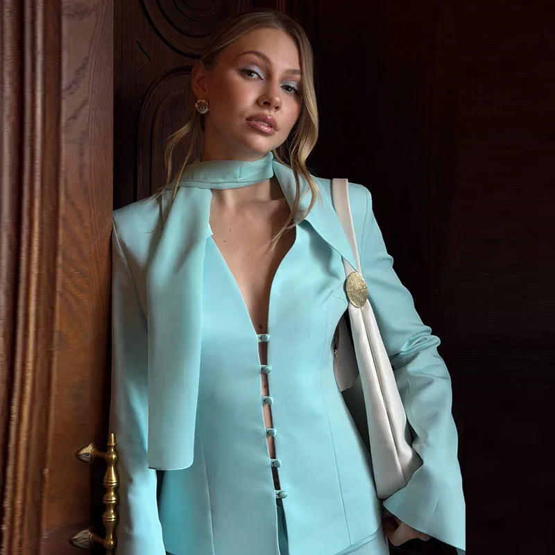 Women Pant Skirt Set Pointed Collar Long Sleeve Cinched Waist Top Mini Solid Skirt Straight Pant Slimming Y2K Suits For Ladies