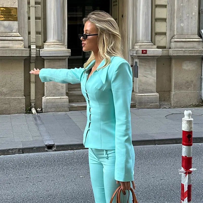 Women Pant Skirt Set Pointed Collar Long Sleeve Cinched Waist Top Mini Solid Skirt Straight Pant Slimming Y2K Suits For Ladies