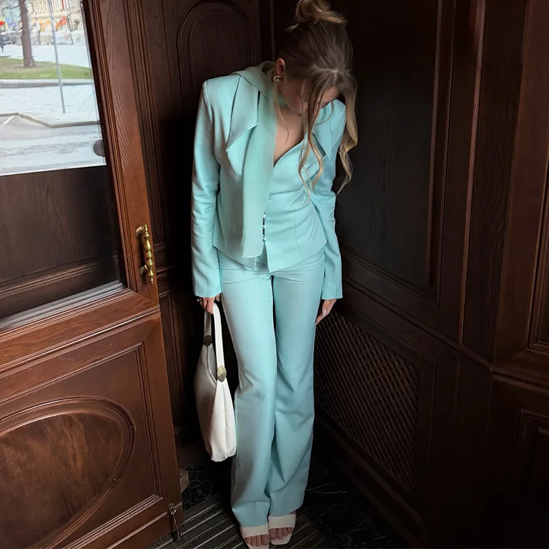 Women Pant Skirt Set Pointed Collar Long Sleeve Cinched Waist Top Mini Solid Skirt Straight Pant Slimming Y2K Suits For Ladies