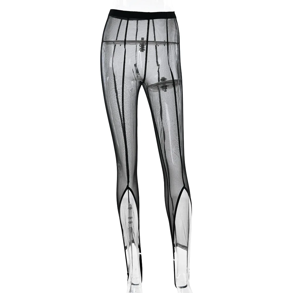 DSMTRC Women Sexy Patchwork High Waist Calf-Length Trouser Mesh See Through Skinny Pants Fashion Female Bottoms New Pencil Pants