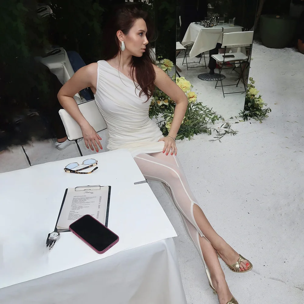 DSMTRC Women Sexy Patchwork High Waist Calf-Length Trouser Mesh See Through Skinny Pants Fashion Female Bottoms New Pencil Pants