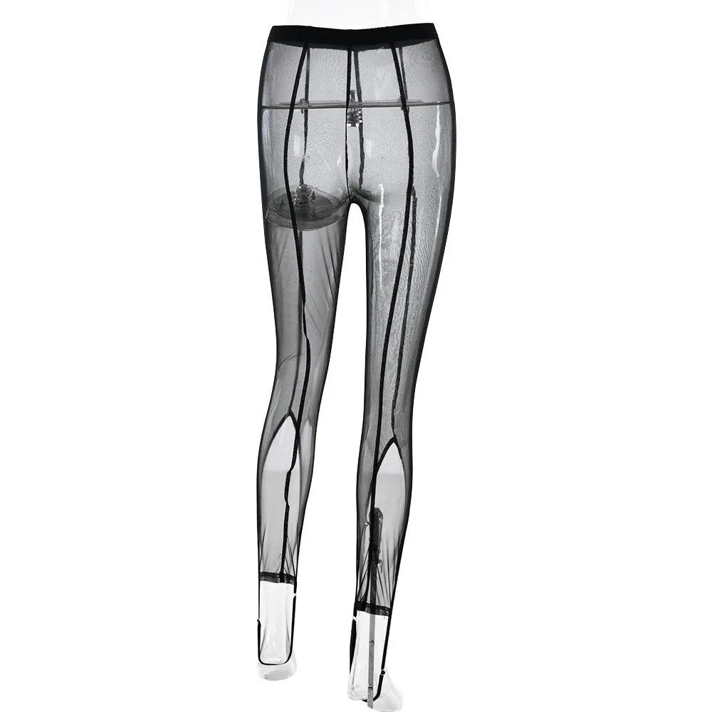 DSMTRC Women Sexy Patchwork High Waist Calf-Length Trouser Mesh See Through Skinny Pants Fashion Female Bottoms New Pencil Pants