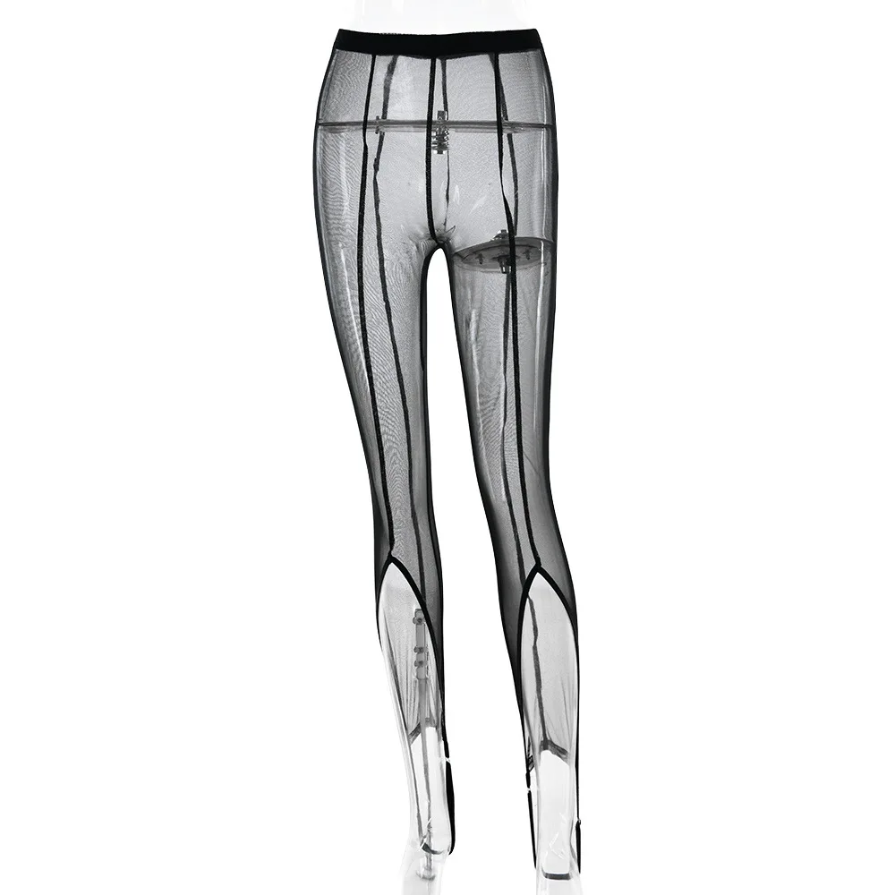 DSMTRC Women Sexy Patchwork High Waist Calf-Length Trouser Mesh See Through Skinny Pants Fashion Female Bottoms New Pencil Pants