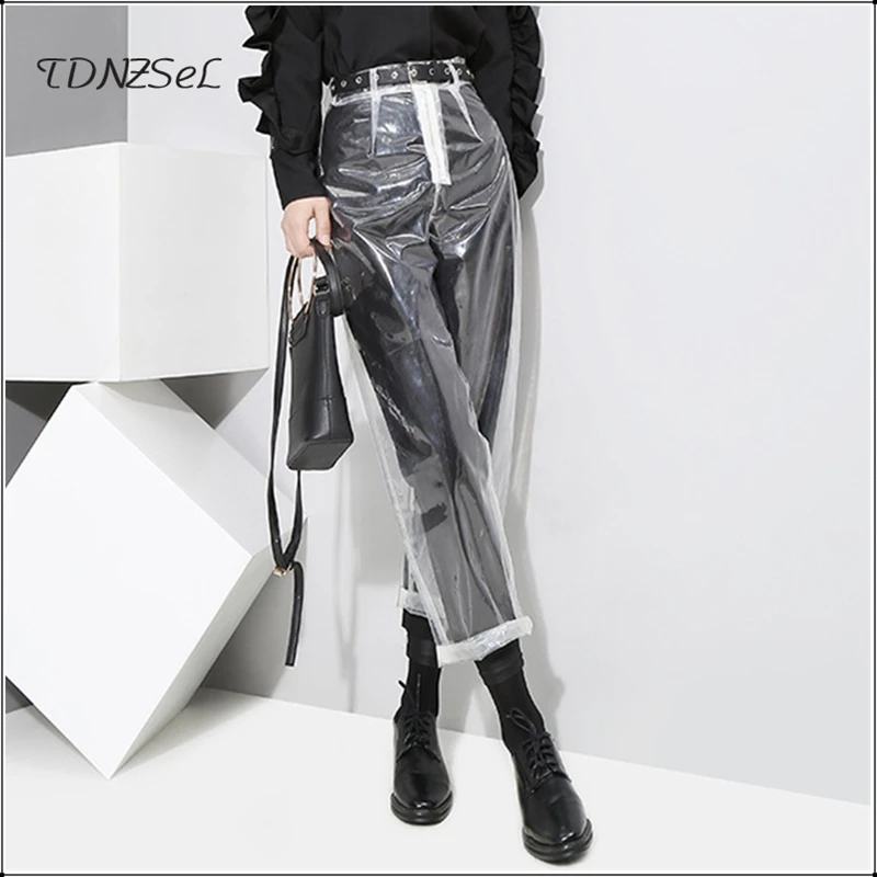 Sexy Loose PVC Transparent Pants Women Fashion See Through Trousers Autumn Winter Straight Ankle-length Capris Pants New Custom