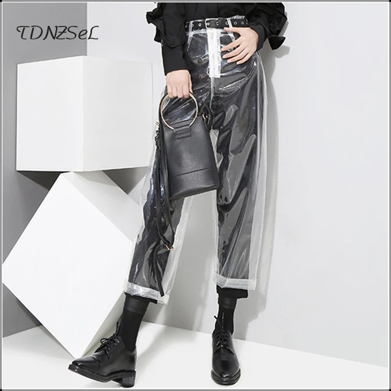 Sexy Loose PVC Transparent Pants Women Fashion See Through Trousers Autumn Winter Straight Ankle-length Capris Pants New Custom