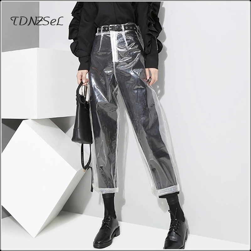 Sexy Loose PVC Transparent Pants Women Fashion See Through Trousers Autumn Winter Straight Ankle-length Capris Pants New Custom