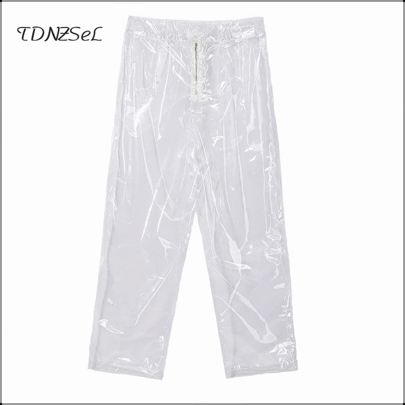 Sexy Loose PVC Transparent Pants Women Fashion See Through Trousers Autumn Winter Straight Ankle-length Capris Pants New Custom