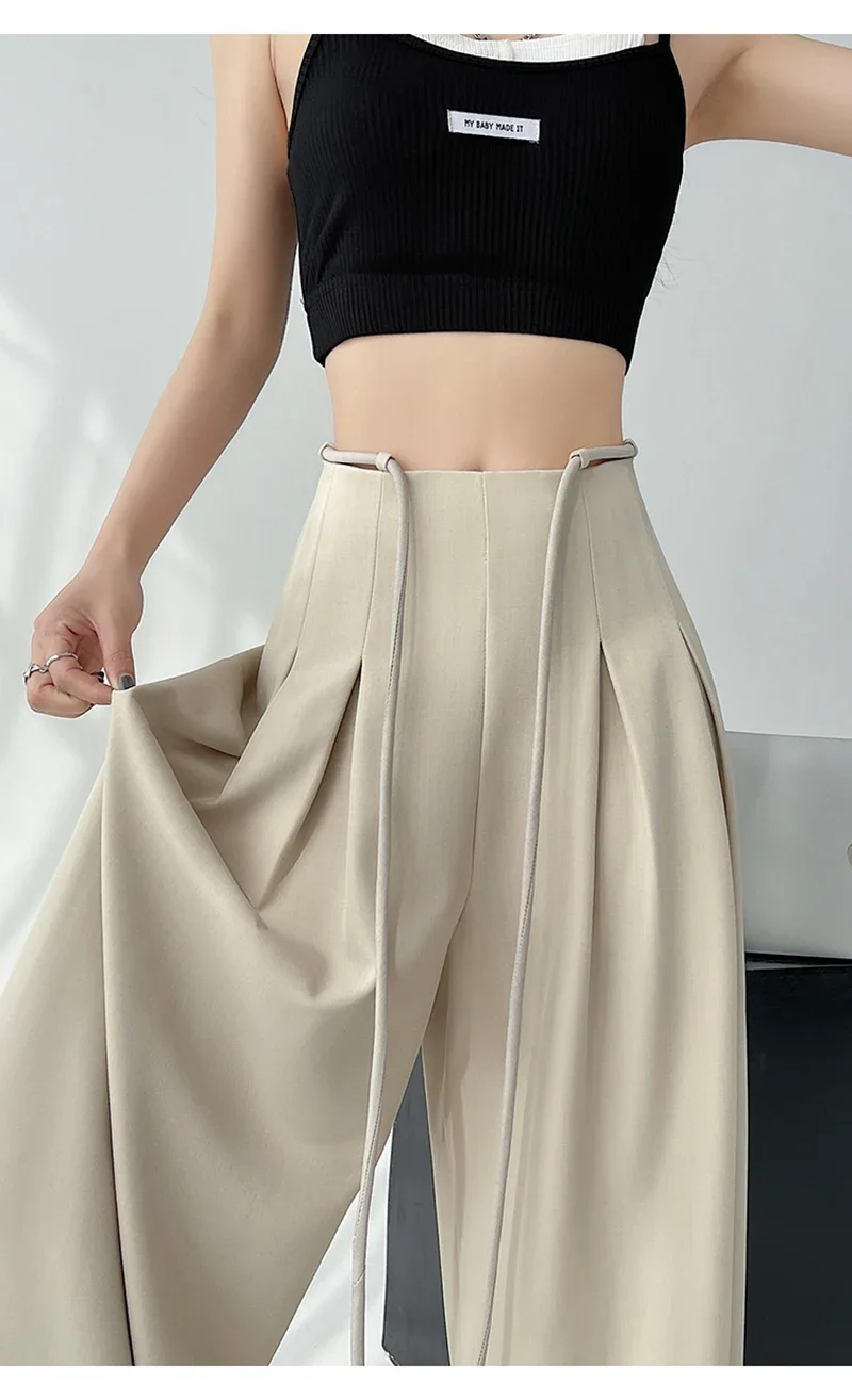 Streetwear Wide Leg Pants Women Korean Black High Waist Suit Pants Summer Fashion Elegant Lace Up Straight Trousers New