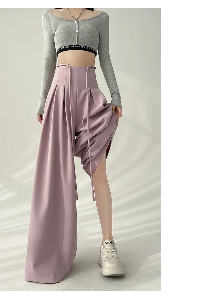 Streetwear Wide Leg Pants Women Korean Black High Waist Suit Pants Summer Fashion Elegant Lace Up Straight Trousers New