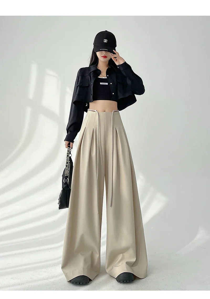 Streetwear Wide Leg Pants Women Korean Black High Waist Suit Pants Summer Fashion Elegant Lace Up Straight Trousers New