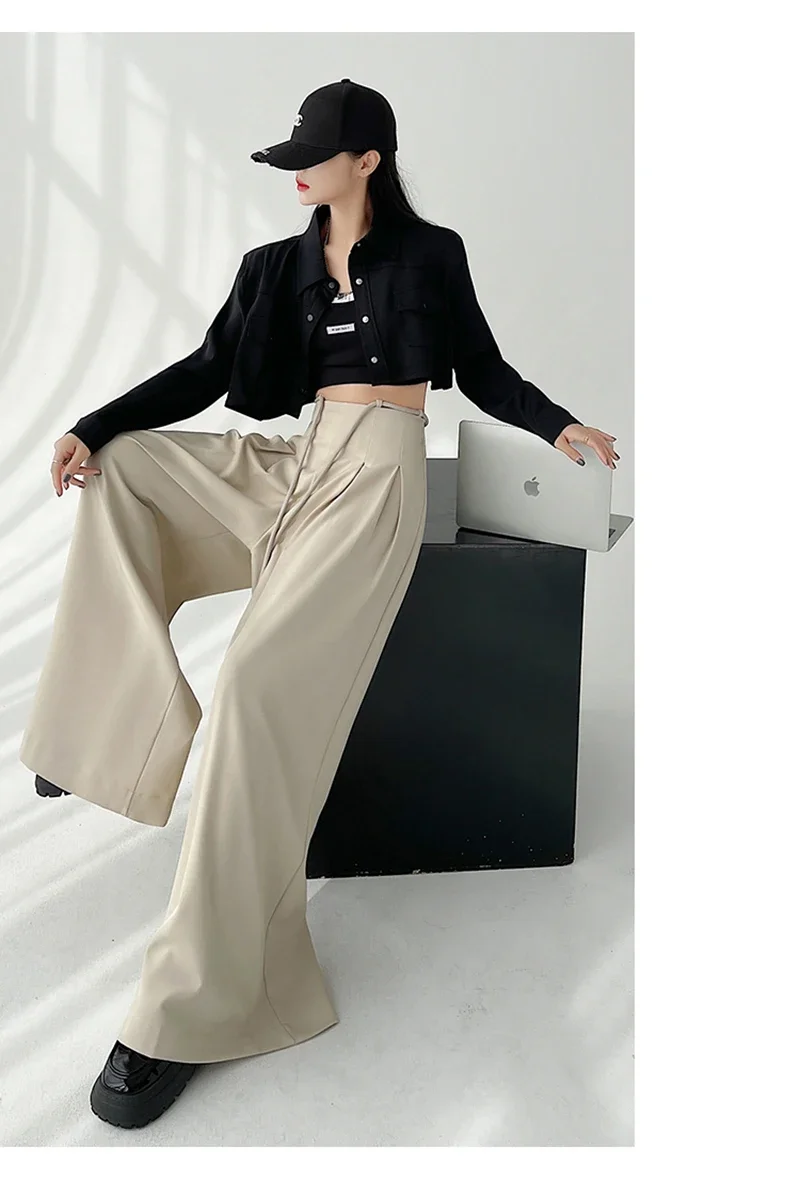 Streetwear Wide Leg Pants Women Korean Black High Waist Suit Pants Summer Fashion Elegant Lace Up Straight Trousers New