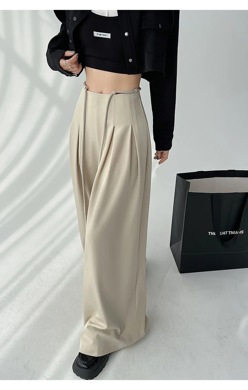 Streetwear Wide Leg Pants Women Korean Black High Waist Suit Pants Summer Fashion Elegant Lace Up Straight Trousers New