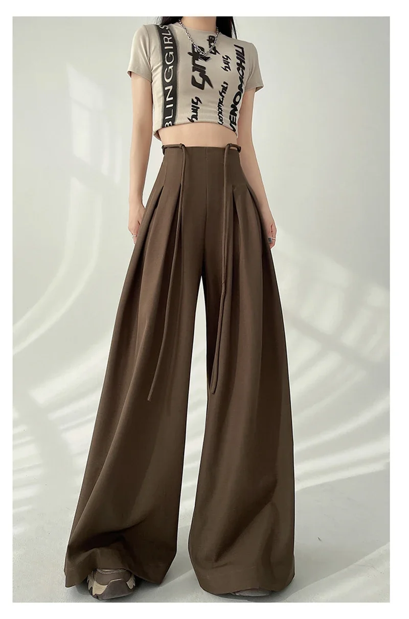 Streetwear Wide Leg Pants Women Korean Black High Waist Suit Pants Summer Fashion Elegant Lace Up Straight Trousers New