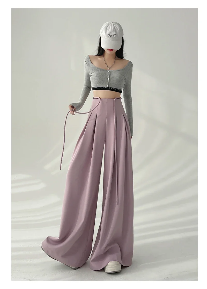 Streetwear Wide Leg Pants Women Korean Black High Waist Suit Pants Summer Fashion Elegant Lace Up Straight Trousers New