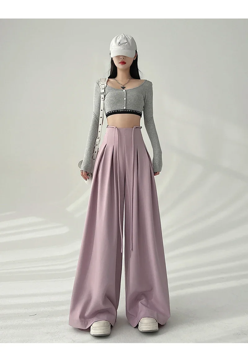 Streetwear Wide Leg Pants Women Korean Black High Waist Suit Pants Summer Fashion Elegant Lace Up Straight Trousers New