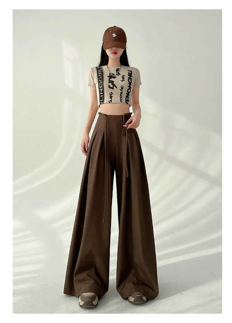 Streetwear Wide Leg Pants Women Korean Black High Waist Suit Pants Summer Fashion Elegant Lace Up Straight Trousers New