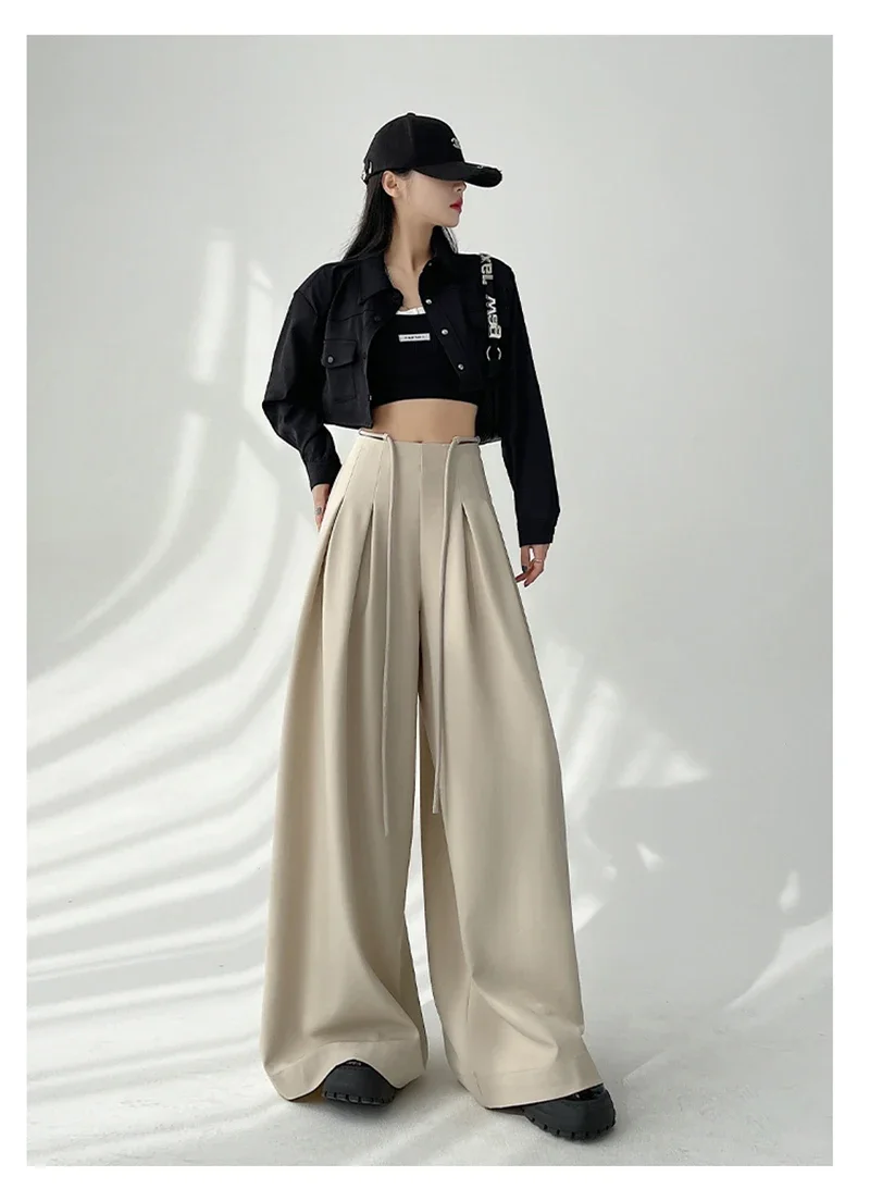 Streetwear Wide Leg Pants Women Korean Black High Waist Suit Pants Summer Fashion Elegant Lace Up Straight Trousers New