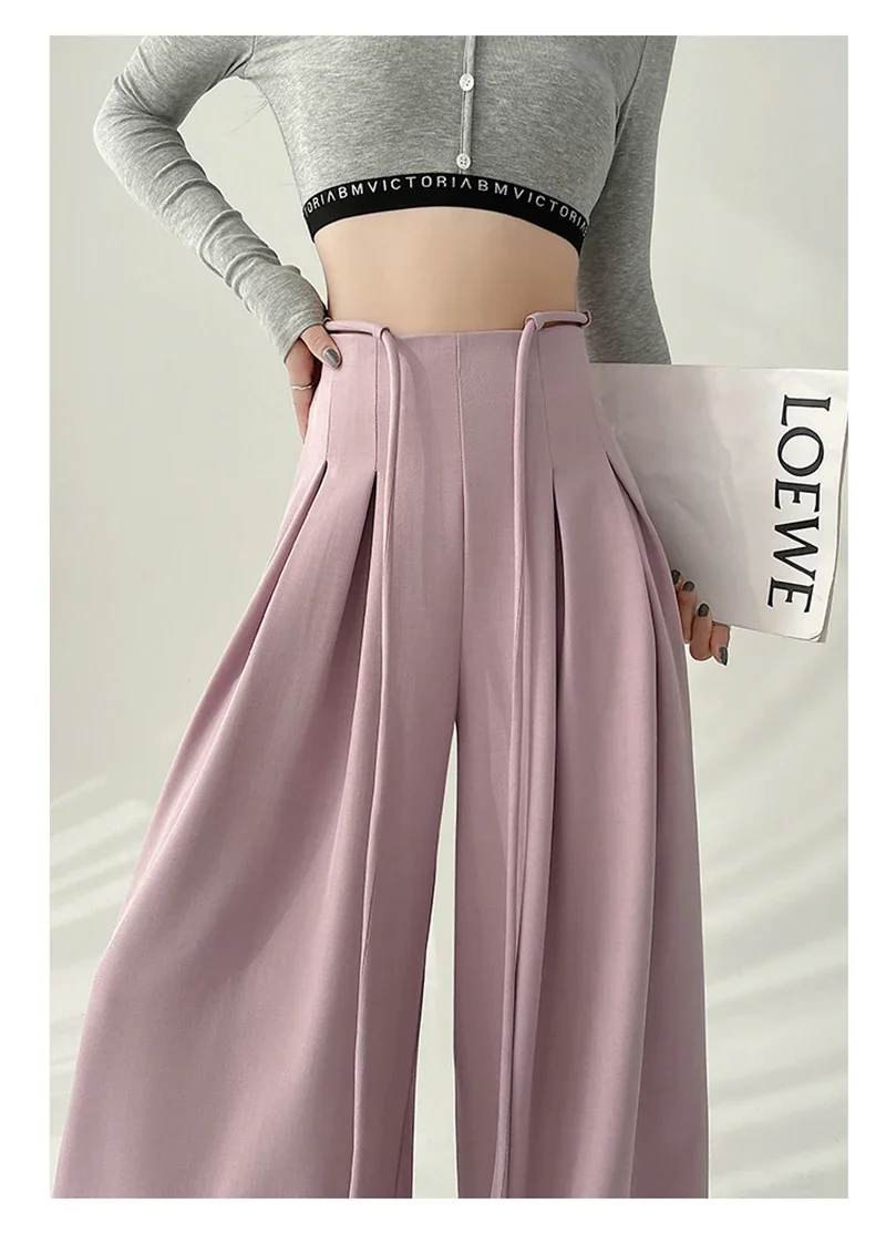 Streetwear Wide Leg Pants Women Korean Black High Waist Suit Pants Summer Fashion Elegant Lace Up Straight Trousers New
