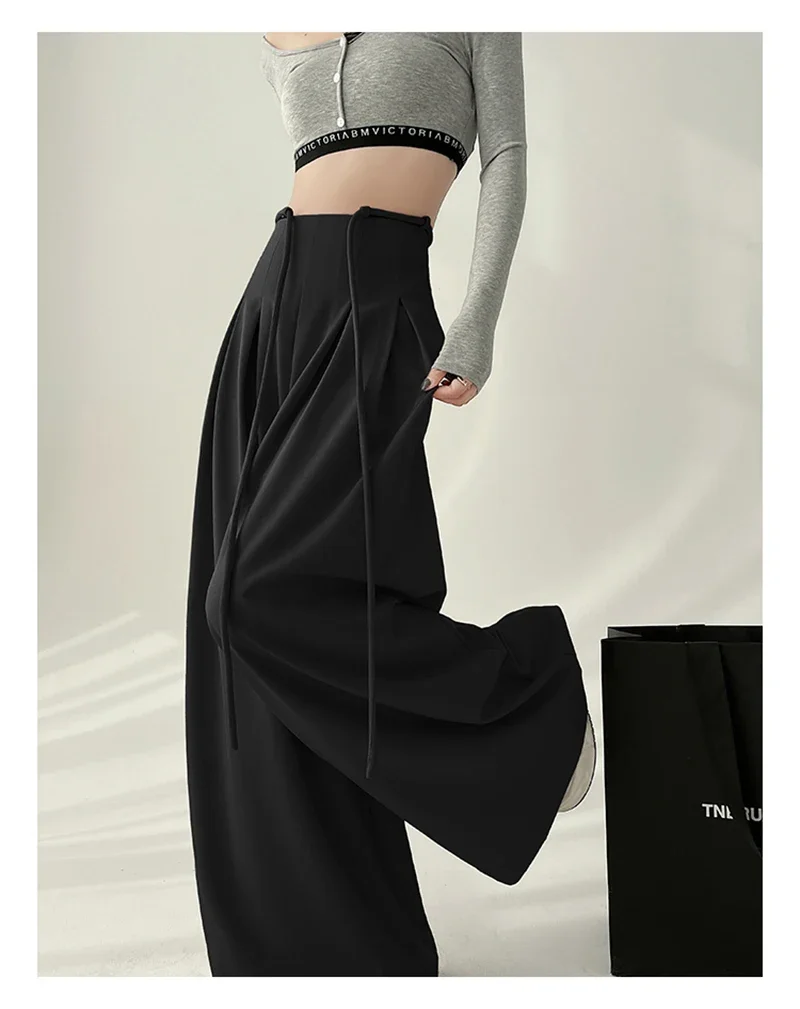 Streetwear Wide Leg Pants Women Korean Black High Waist Suit Pants Summer Fashion Elegant Lace Up Straight Trousers New