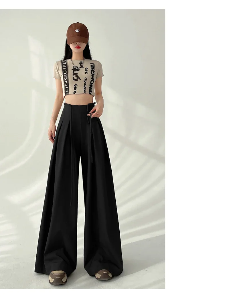 Streetwear Wide Leg Pants Women Korean Black High Waist Suit Pants Summer Fashion Elegant Lace Up Straight Trousers New