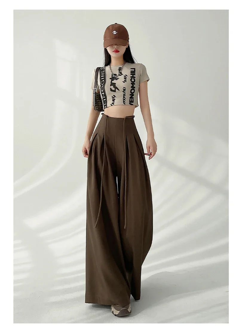 Streetwear Wide Leg Pants Women Korean Black High Waist Suit Pants Summer Fashion Elegant Lace Up Straight Trousers New