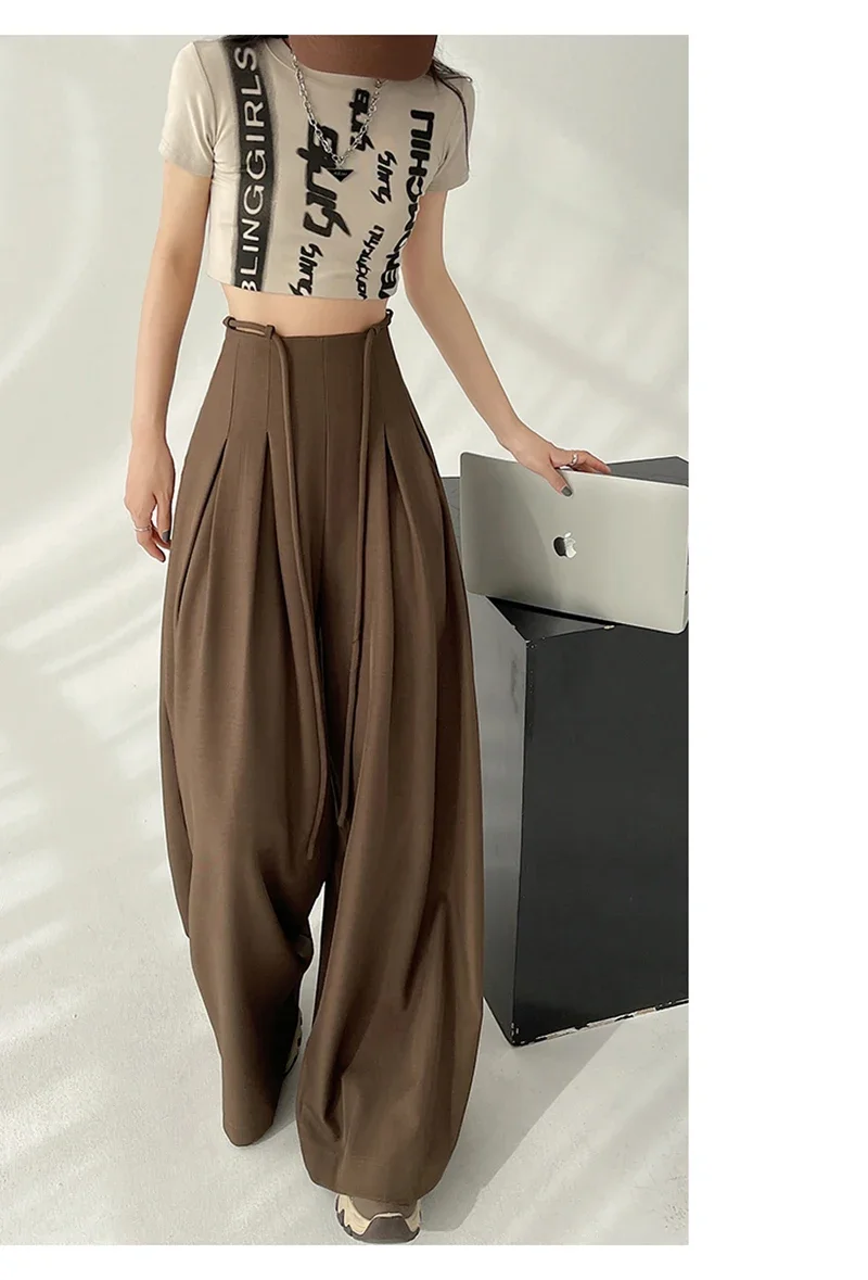 Streetwear Wide Leg Pants Women Korean Black High Waist Suit Pants Summer Fashion Elegant Lace Up Straight Trousers New