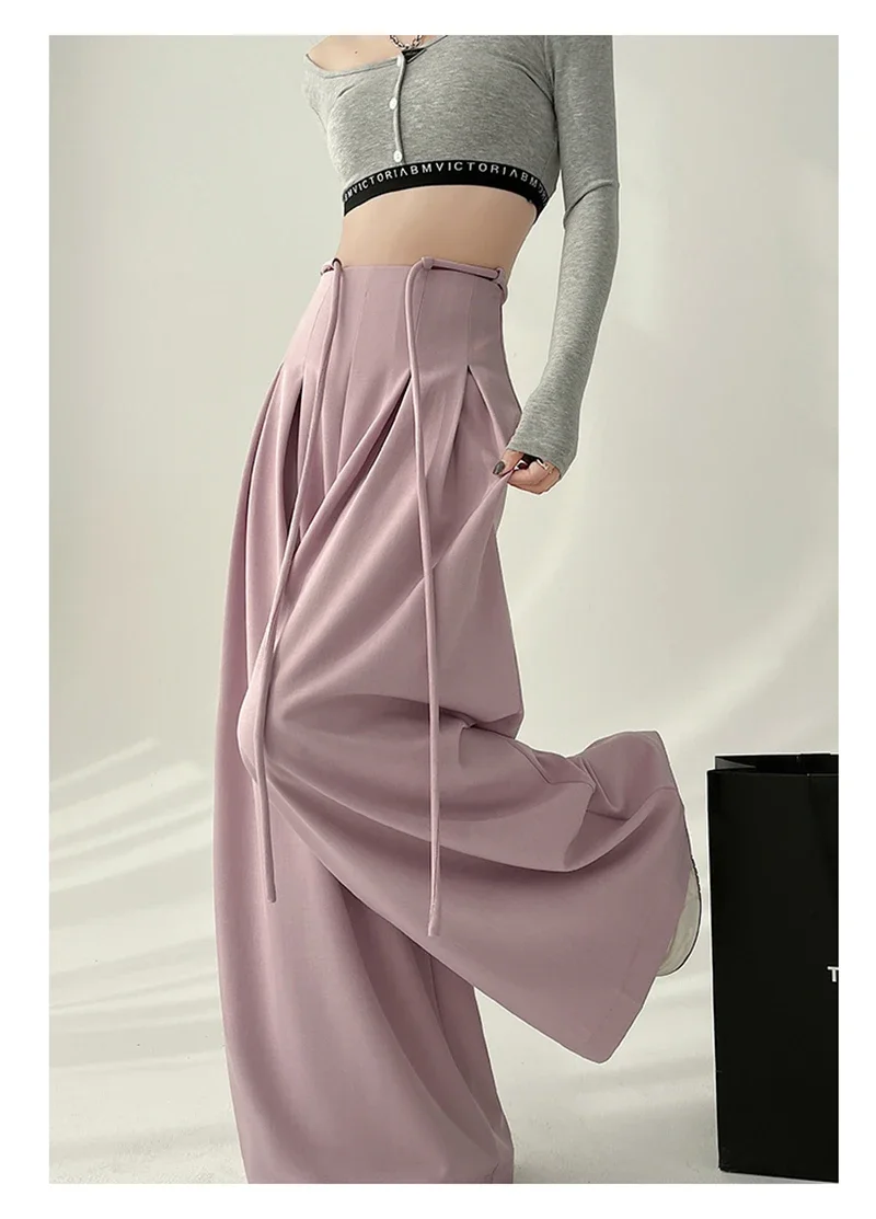 Streetwear Wide Leg Pants Women Korean Black High Waist Suit Pants Summer Fashion Elegant Lace Up Straight Trousers New