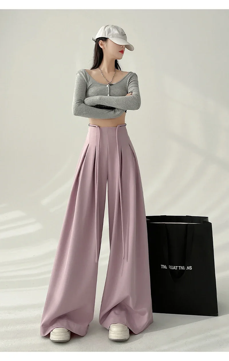 Streetwear Wide Leg Pants Women Korean Black High Waist Suit Pants Summer Fashion Elegant Lace Up Straight Trousers New