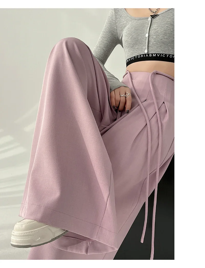 Streetwear Wide Leg Pants Women Korean Black High Waist Suit Pants Summer Fashion Elegant Lace Up Straight Trousers New