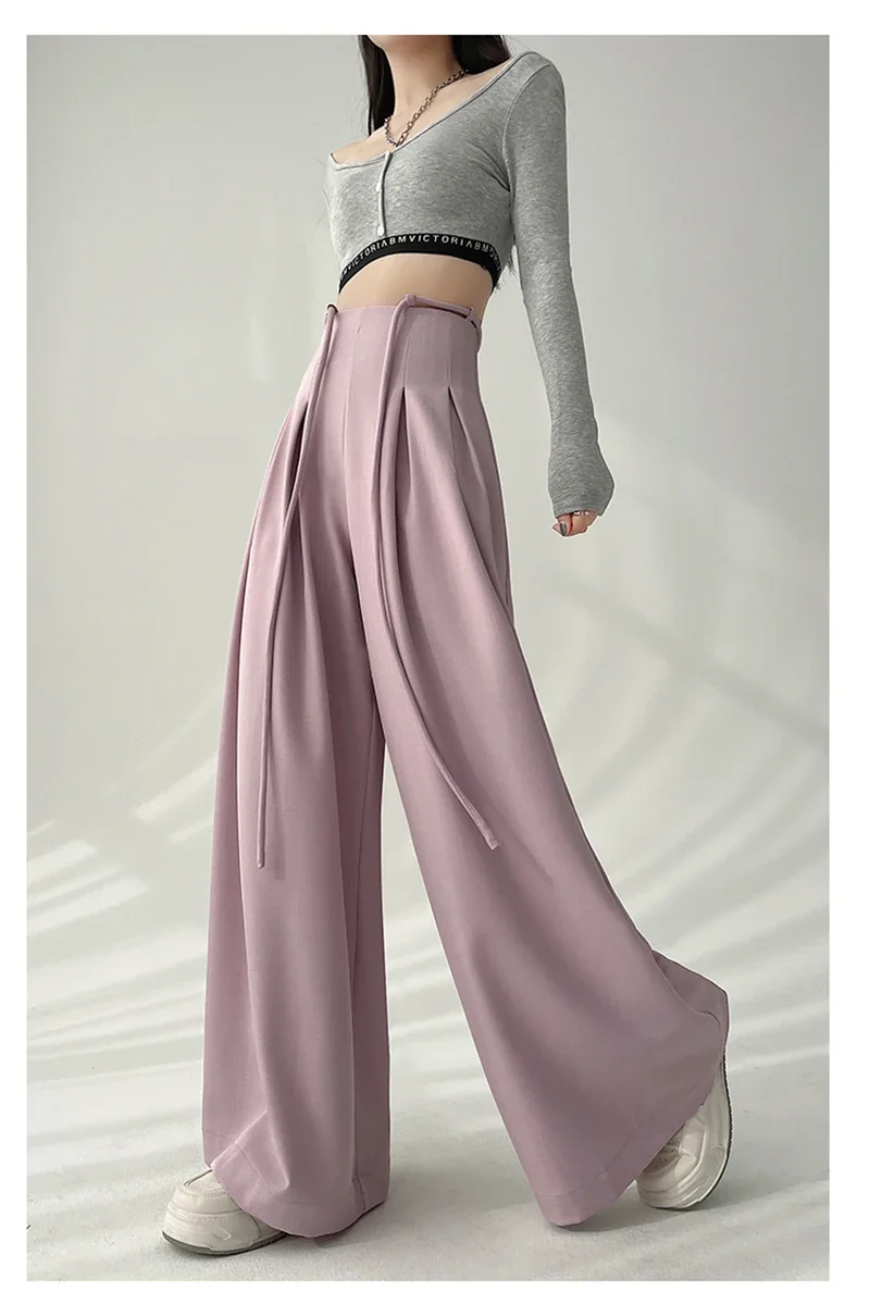 Streetwear Wide Leg Pants Women Korean Black High Waist Suit Pants Summer Fashion Elegant Lace Up Straight Trousers New