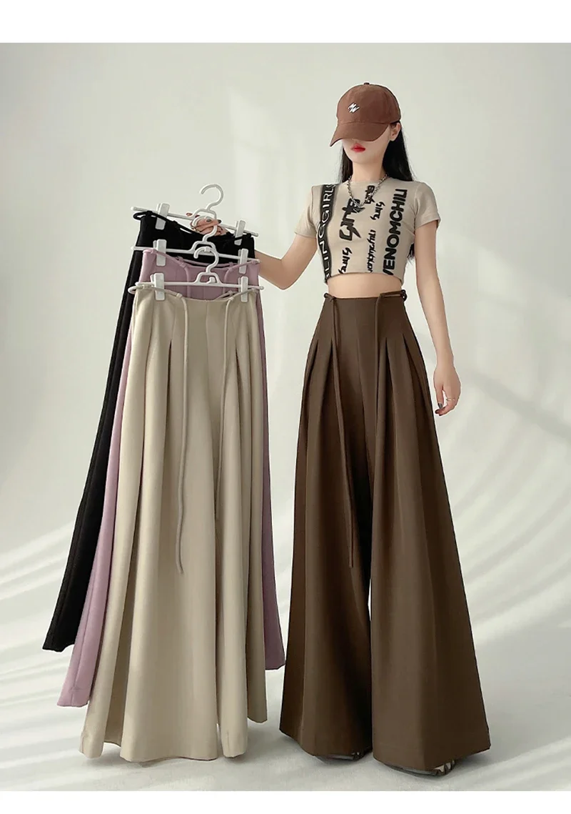 Streetwear Wide Leg Pants Women Korean Black High Waist Suit Pants Summer Fashion Elegant Lace Up Straight Trousers New