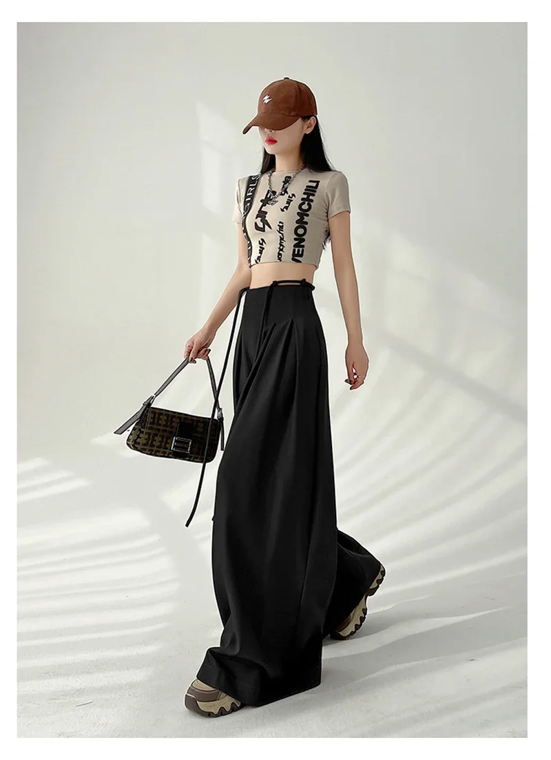 Streetwear Wide Leg Pants Women Korean Black High Waist Suit Pants Summer Fashion Elegant Lace Up Straight Trousers New