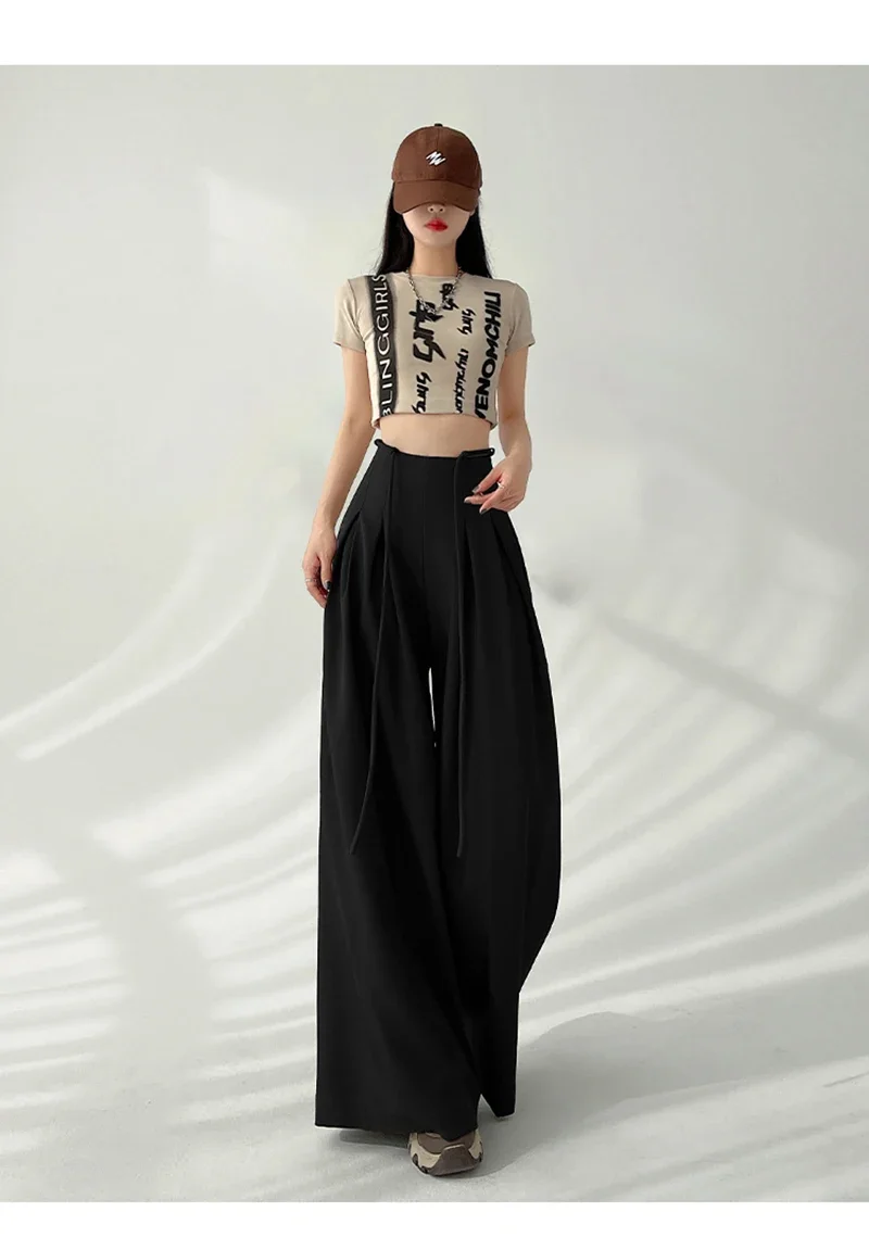 Streetwear Wide Leg Pants Women Korean Black High Waist Suit Pants Summer Fashion Elegant Lace Up Straight Trousers New