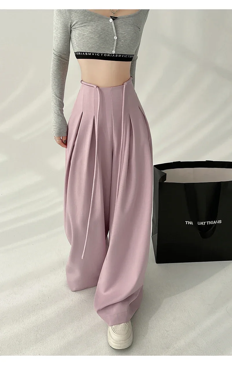 Streetwear Wide Leg Pants Women Korean Black High Waist Suit Pants Summer Fashion Elegant Lace Up Straight Trousers New