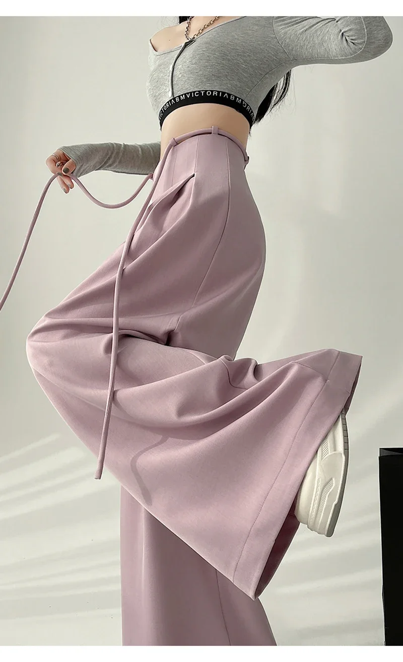 Streetwear Wide Leg Pants Women Korean Black High Waist Suit Pants Summer Fashion Elegant Lace Up Straight Trousers New