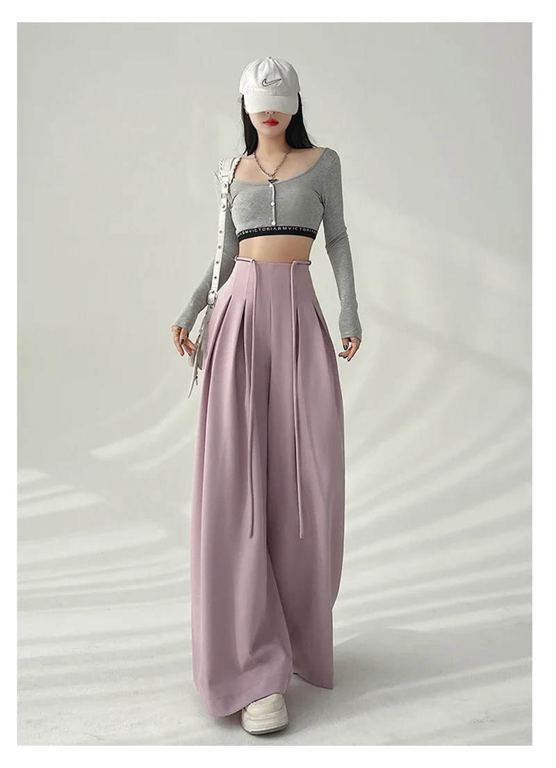 Streetwear Wide Leg Pants Women Korean Black High Waist Suit Pants Summer Fashion Elegant Lace Up Straight Trousers New