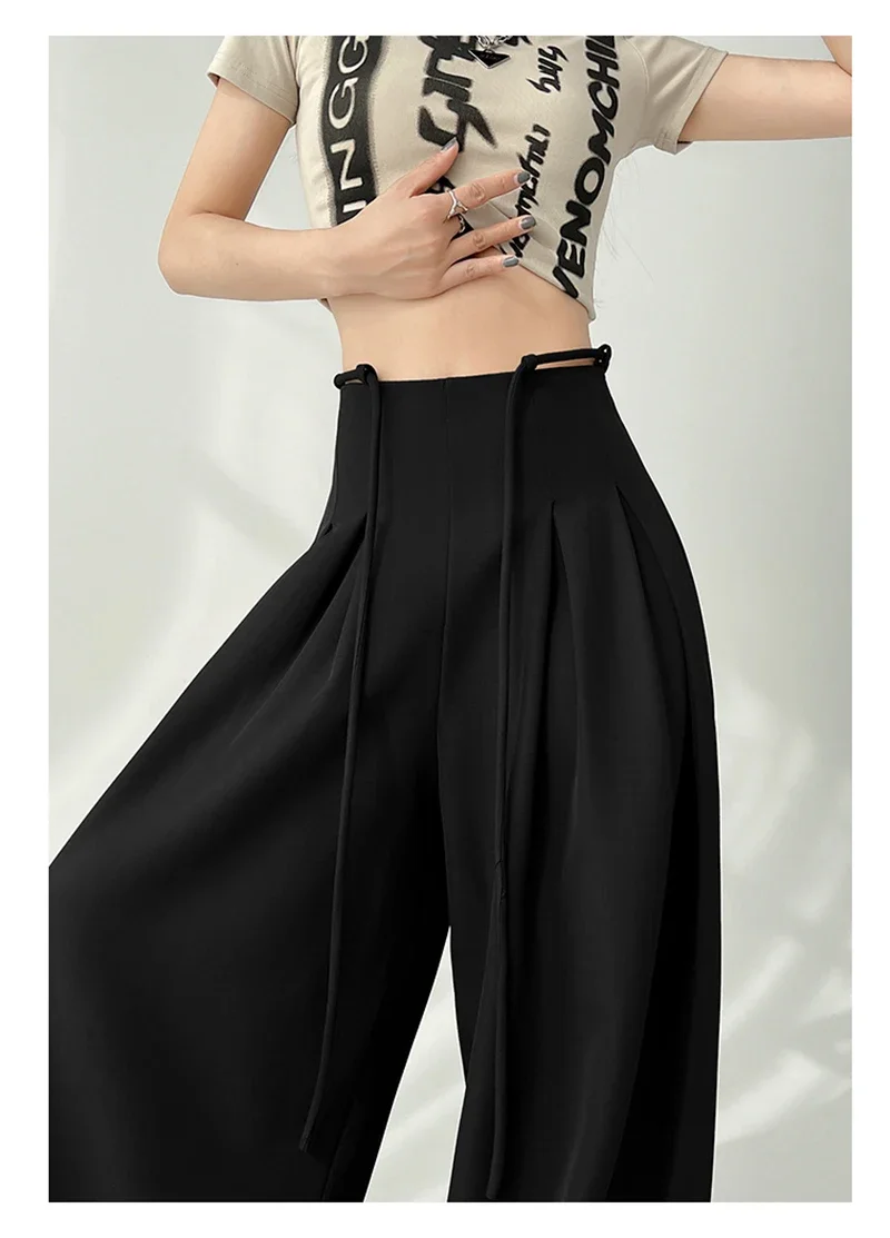 Streetwear Wide Leg Pants Women Korean Black High Waist Suit Pants Summer Fashion Elegant Lace Up Straight Trousers New